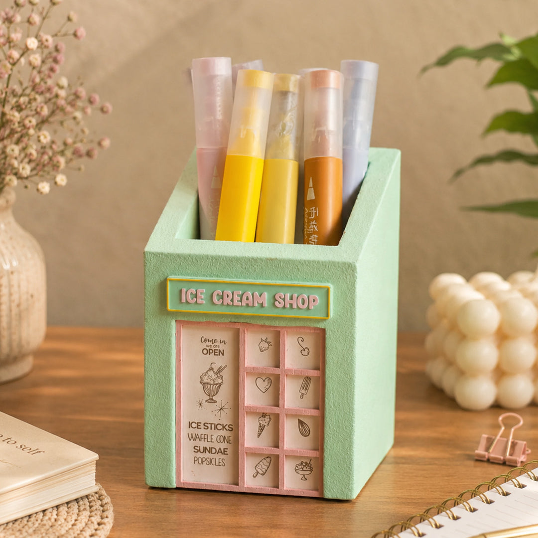 Personalized Handmade Miniature Ice Cream Shop Themed Pen Stand For Decor