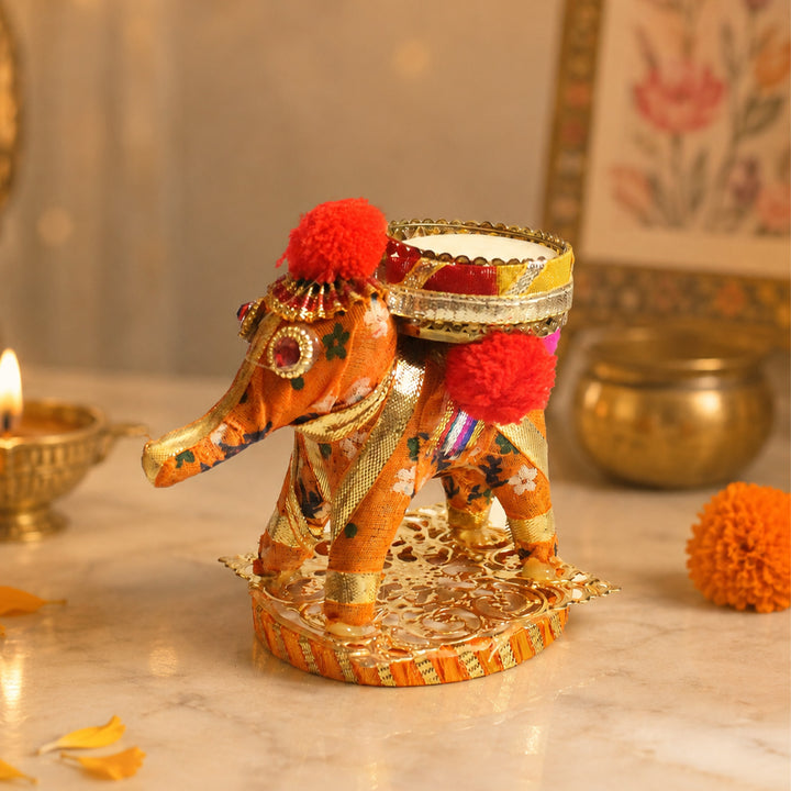 Elephant Handmade Orange Fabric-Wrapped MDF Tealight Candle Holder For Home Decor