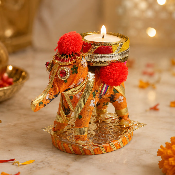 Elephant Handmade Orange Fabric-Wrapped MDF Tealight Candle Holder For Home Decor