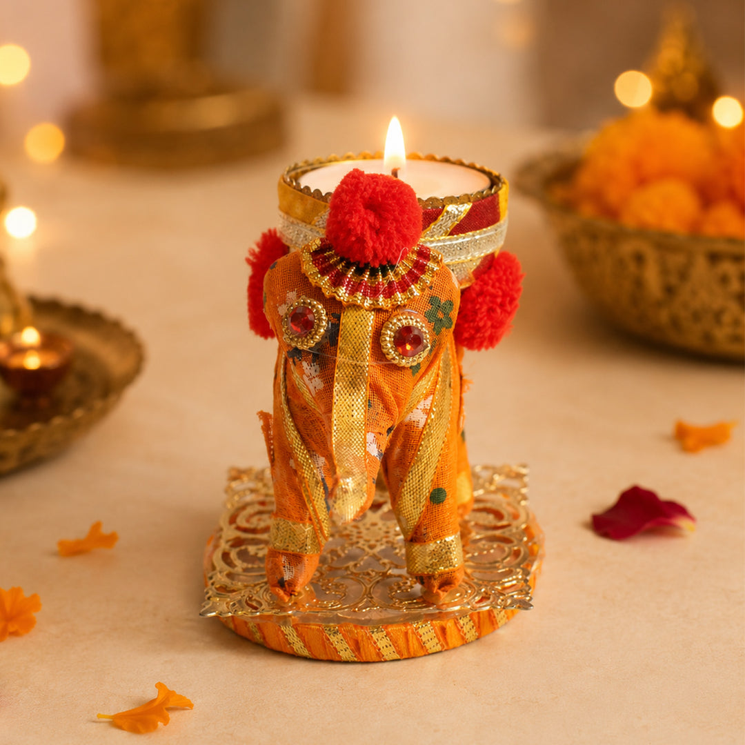 Elephant Handmade Orange Fabric-Wrapped MDF Tealight Candle Holder For Home Decor