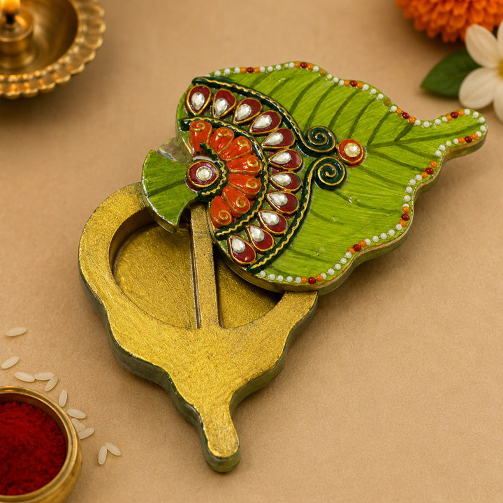 Asopalav Hand Painted Green MDF Haldi Kumkum Holder With Rotating Lid For Puja & Festive Gifting