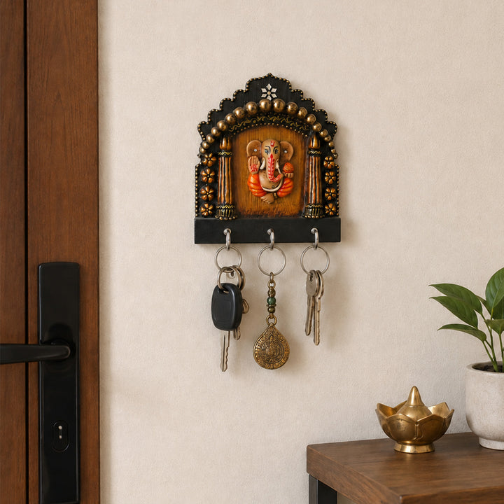Antique Ganesh Handmade Paper Mache Clay Key Holder With 3 Hooks