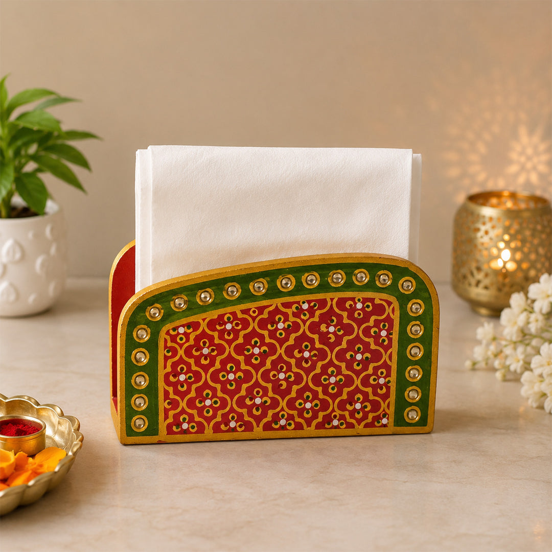 Meenakari Red Handpainted MDF Napkin Holder For Festive Dining