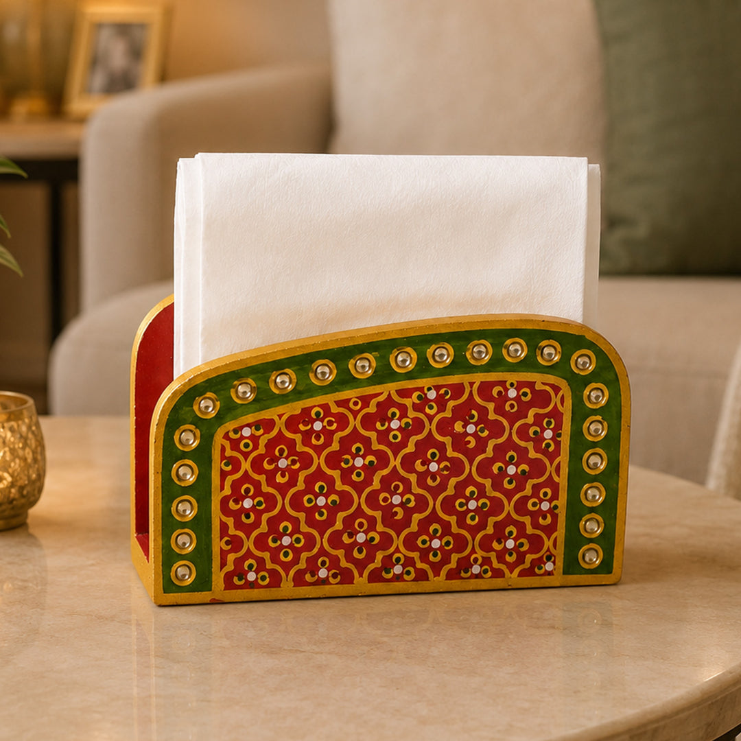 Meenakari Red Handpainted MDF Napkin Holder For Festive Dining