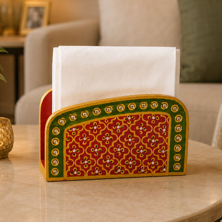 Meenakari Red Handpainted MDF Napkin Holder For Festive Dining