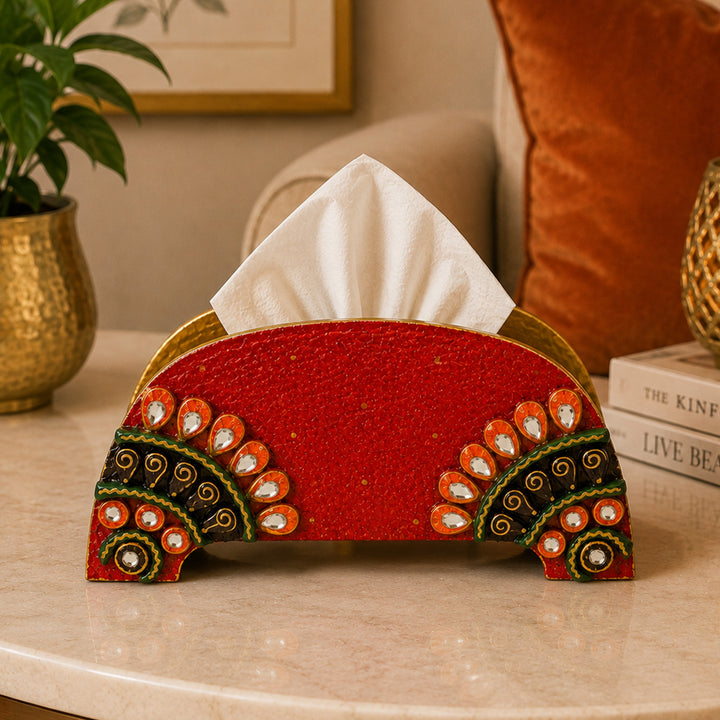 Paper Mache Red Handpainted Semicircle MDF Napkin Holder For Festive Dining