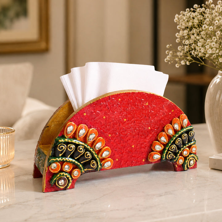 Paper Mache Red Handpainted Semicircle MDF Napkin Holder For Festive Dining
