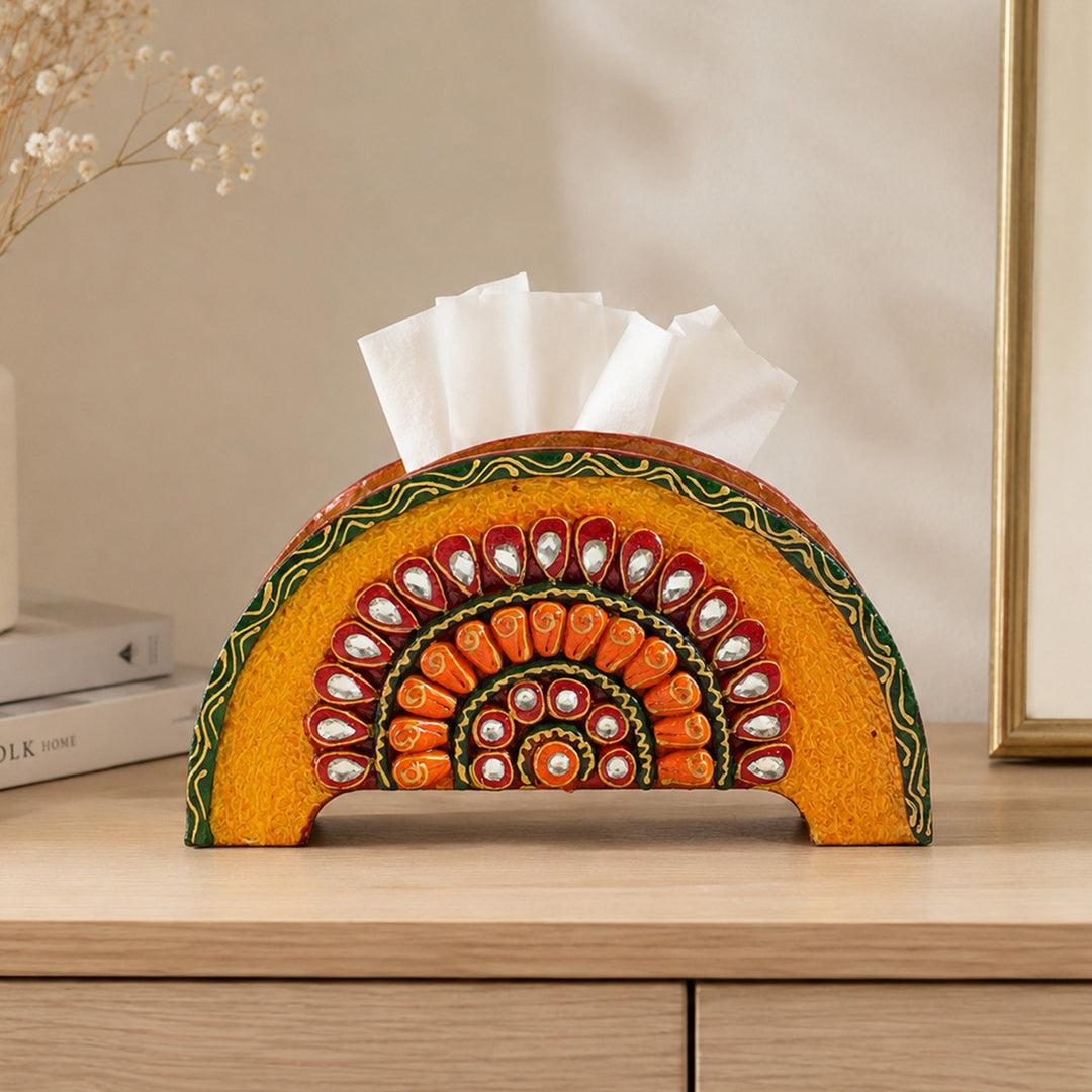Paper Mache Yellow Handpainted Semicircle MDF Napkin Holder For Festive Dining