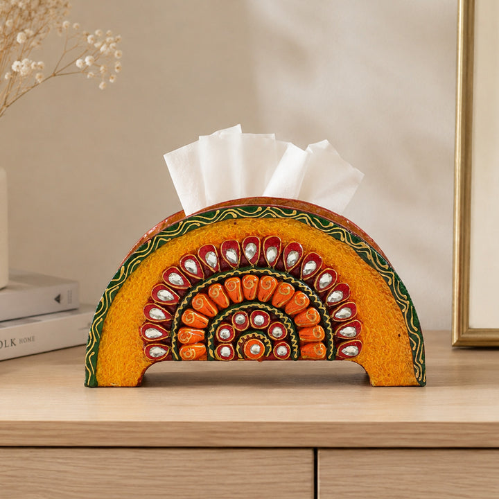Paper Mache Yellow Handpainted Semicircle MDF Napkin Holder For Festive Dining