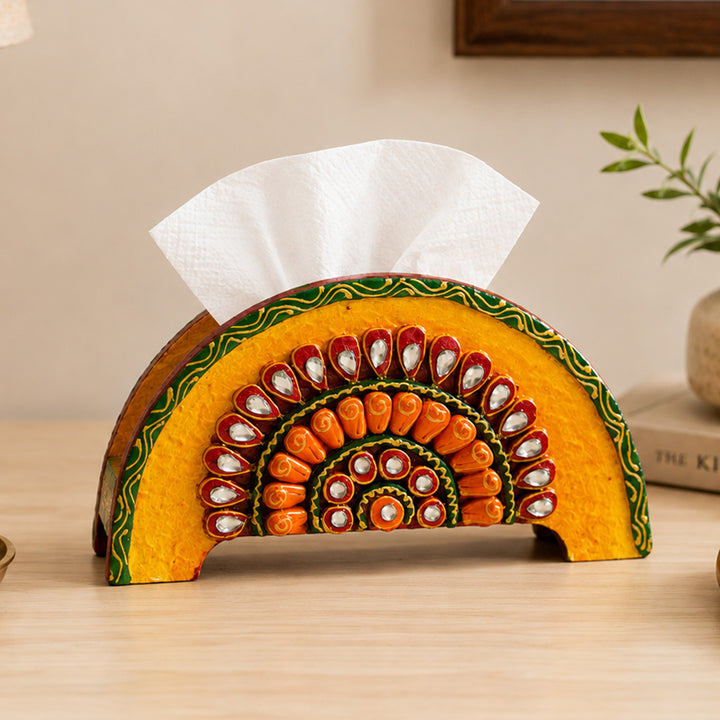 Paper Mache Yellow Handpainted Semicircle MDF Napkin Holder For Festive Dining