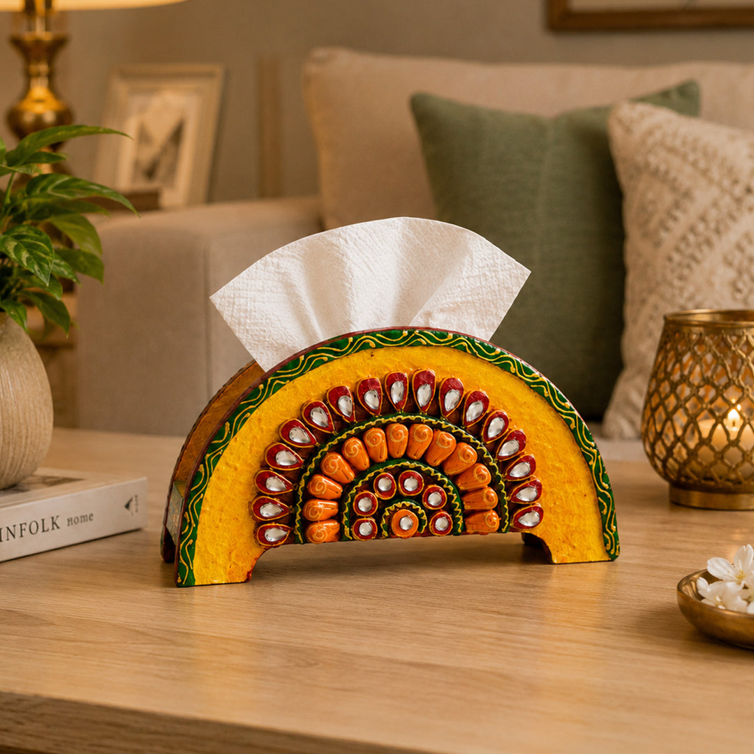 Paper Mache Yellow Handpainted Semicircle MDF Napkin Holder For Festive Dining