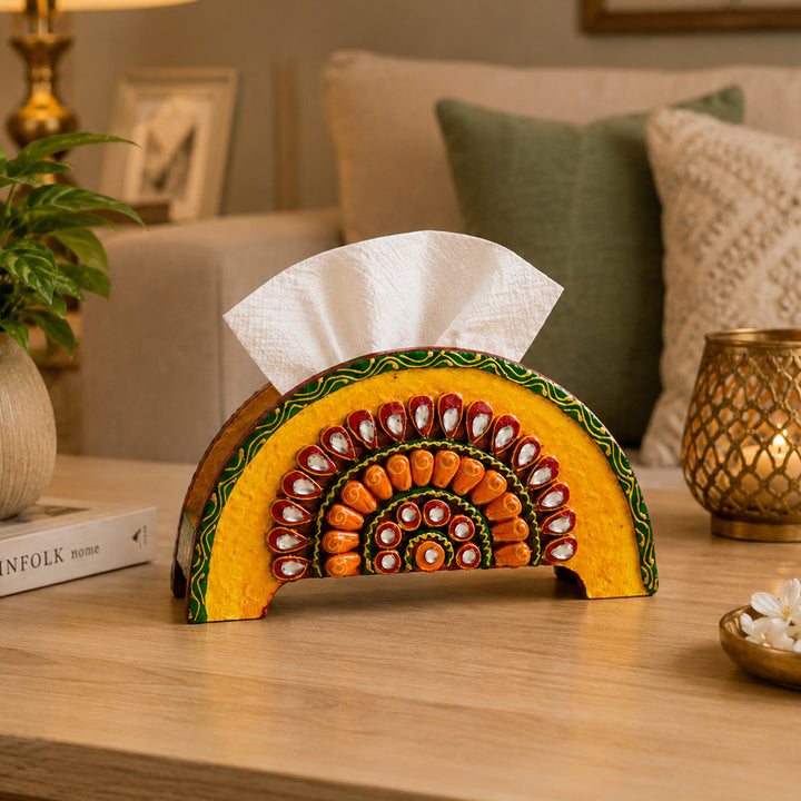 Paper Mache Yellow Handpainted Semicircle MDF Napkin Holder For Festive Dining