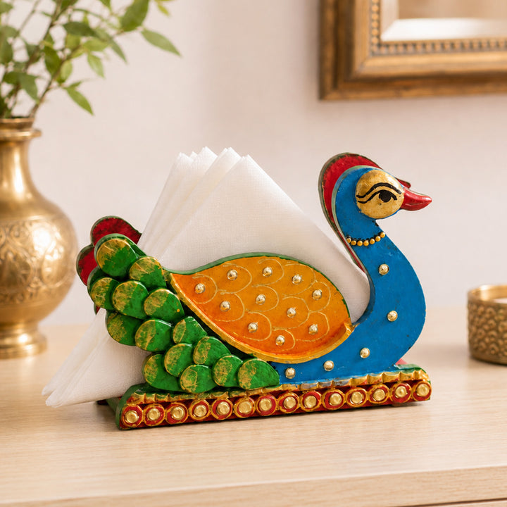 Paper Mache Peacock Handpainted MDF Napkin Holder For Festive Dining