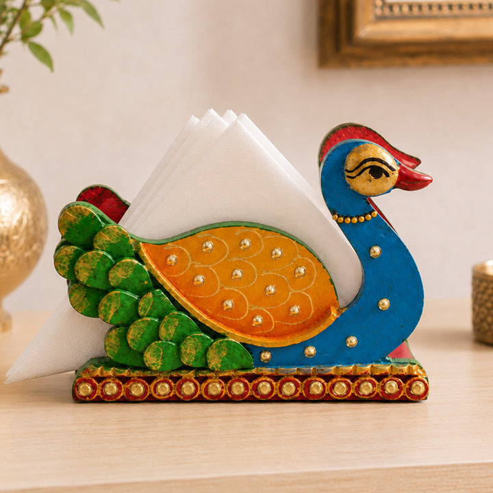 Paper Mache Peacock Handpainted MDF Napkin Holder For Festive Dining
