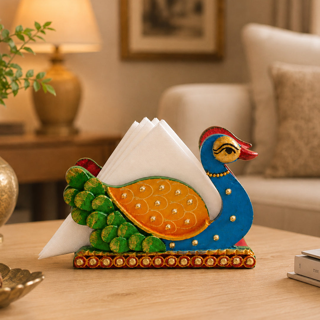 Paper Mache Peacock Handpainted MDF Napkin Holder For Festive Dining