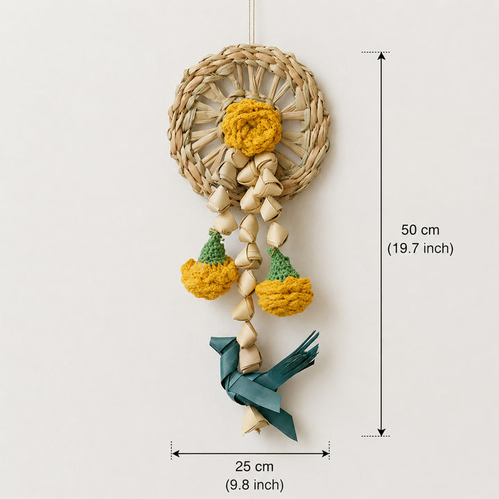 Set of 2 | "Vihang" Handcrafted Chamba Bird Wall Hanging with Crochet Marigolds For Festive Decor