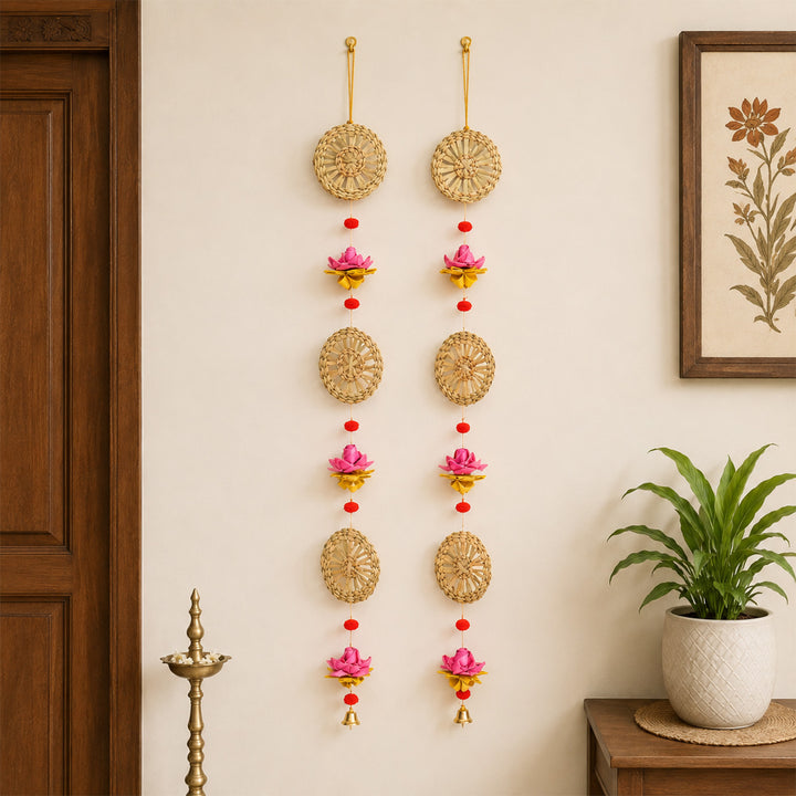 Set of 2 | "Pankhuri" Handcrafted Chamba Lotus Wall Hanging With Wooden Beads For Festive Decor