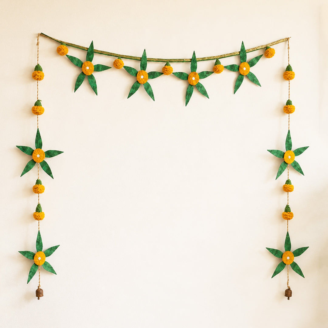 "Aam Patta" Handcrafted Mango Leaf Bamboo Toran with Crochet Detailing for Festive Decor