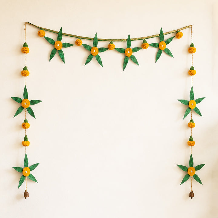 "Aam Patta" Handcrafted Mango Leaf Bamboo Toran with Crochet Detailing for Festive Decor