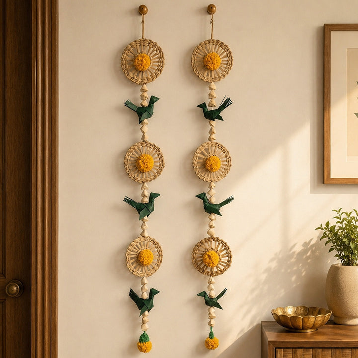 Set of 2 | "Pakshi" Handcrafted Chamba Palm Leaf Bird Wall Hanging For Festive Decor