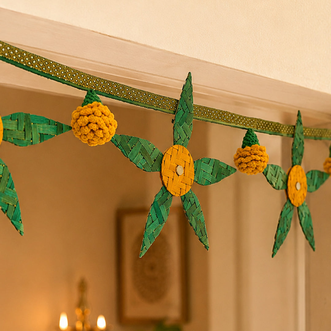 "Aam Patta" Handcrafted Mango Leaf Bamboo Toran with Crochet Detailing for Festive Decor