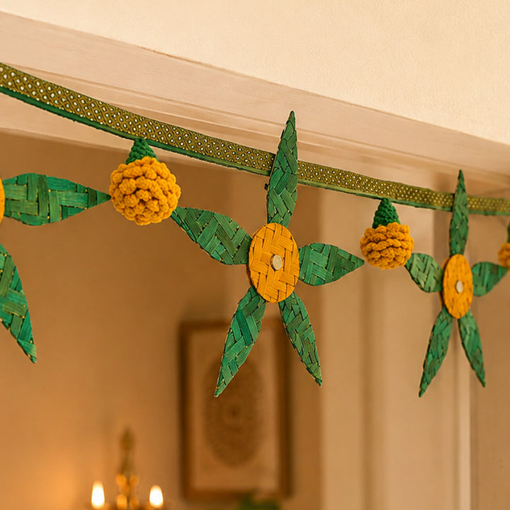 "Aam Patta" Handcrafted Mango Leaf Bamboo Toran with Crochet Detailing for Festive Decor