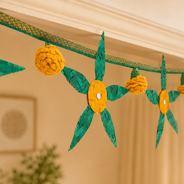 "Aam Patta" Handcrafted Mango Leaf Bamboo Toran with Crochet Detailing for Festive Decor
