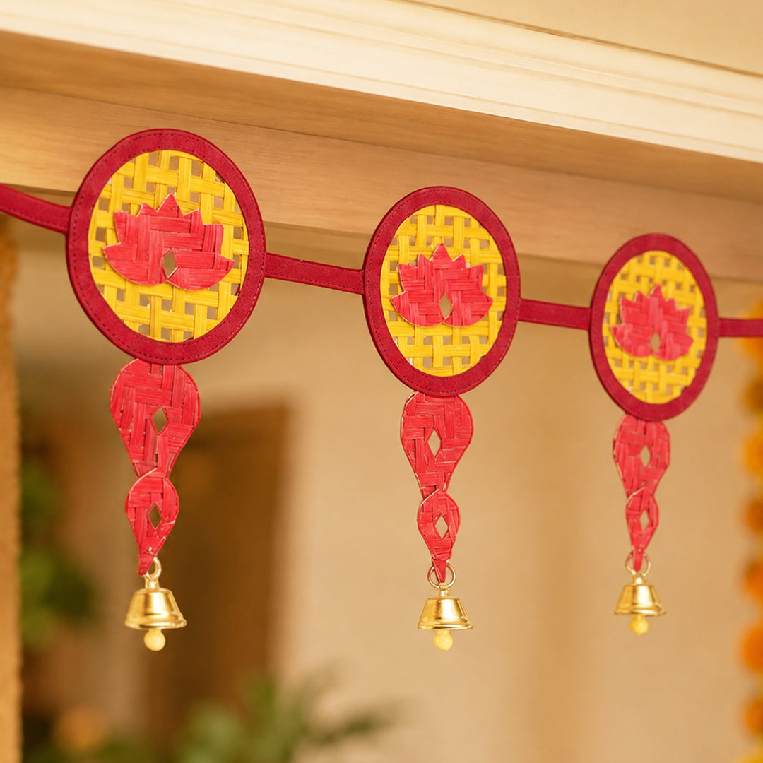 "Saroj" Handcrafted Lotus Bamboo Toran with Metal Bells for Festive Decor