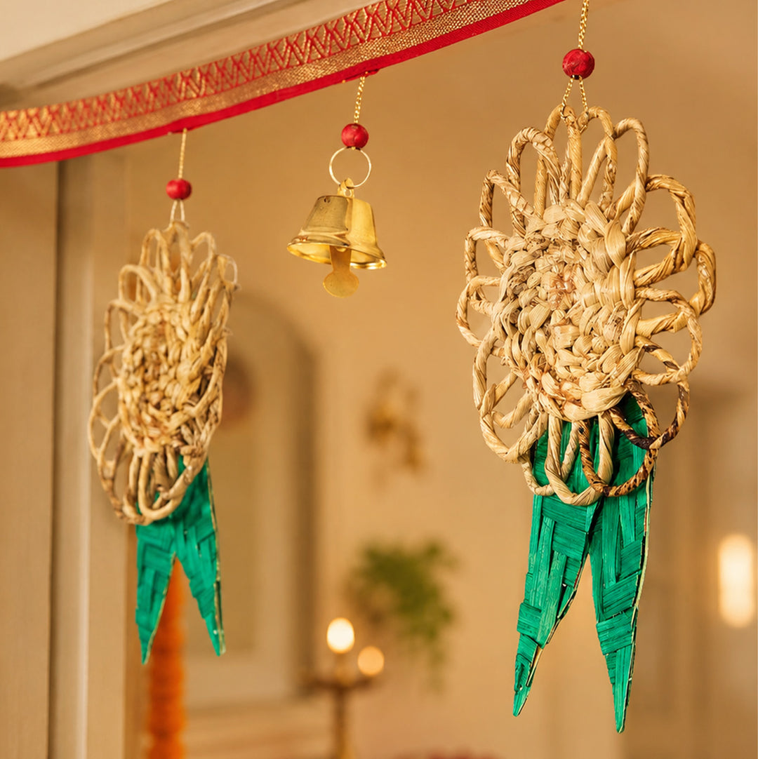 "Pushp" Handcrafted Banana Toran with Bamboo Mango Leaf Accents for Festive Decor