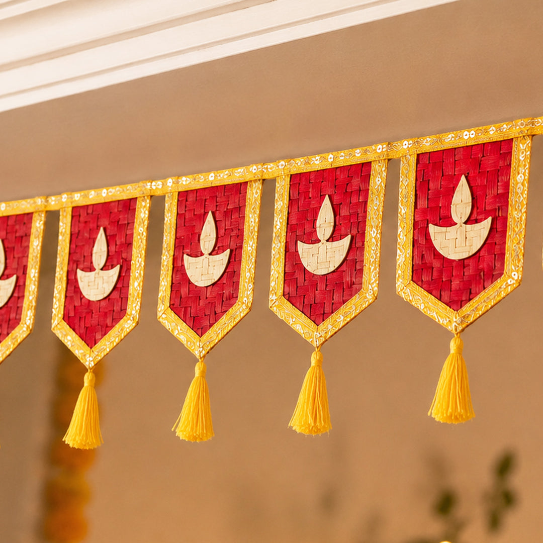 Diya Motif Handcrafted Bamboo Toran With Tassels For Festive Decor