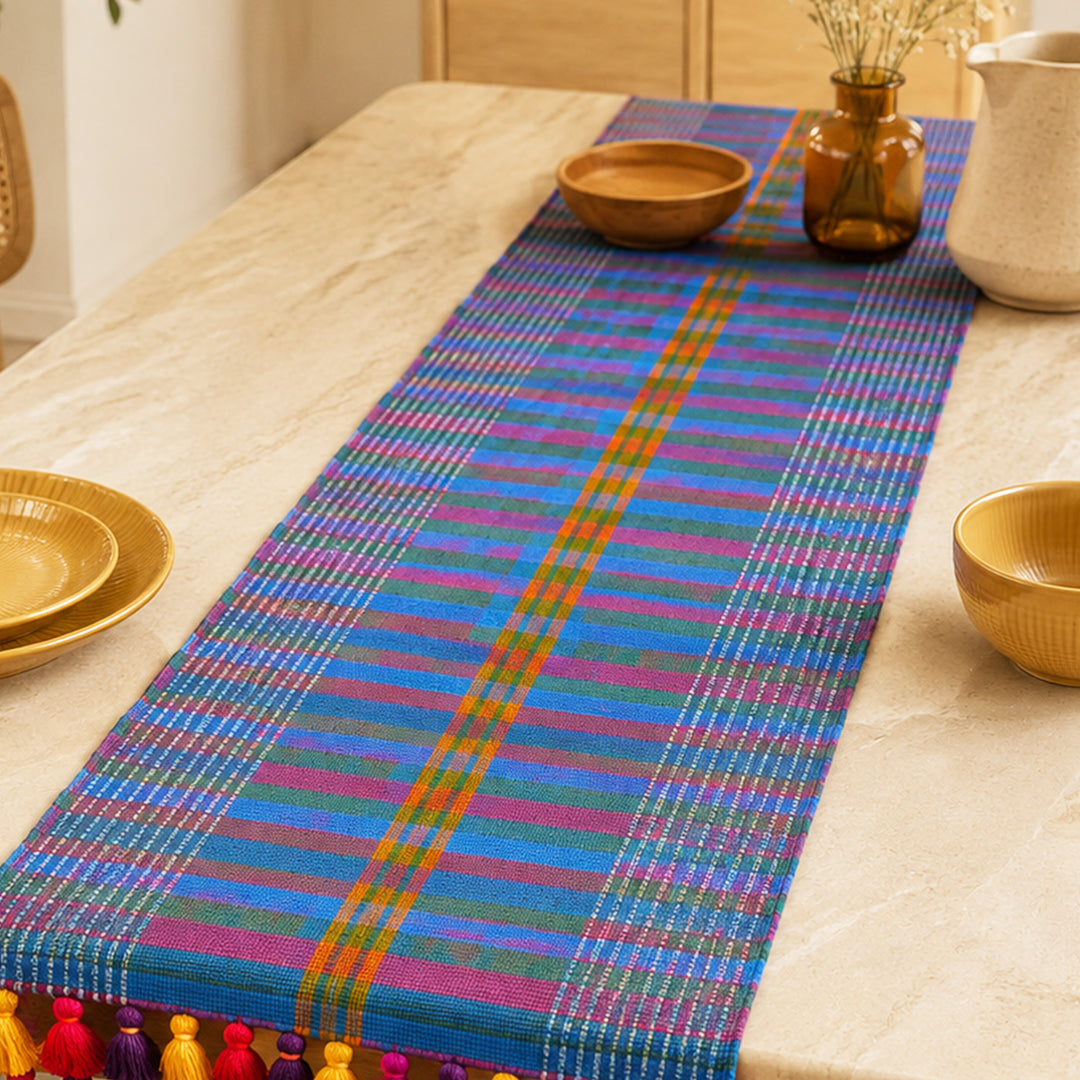 Hand Embroidered Cotton Gamcha Multicolour Table Runner For Festive Dining