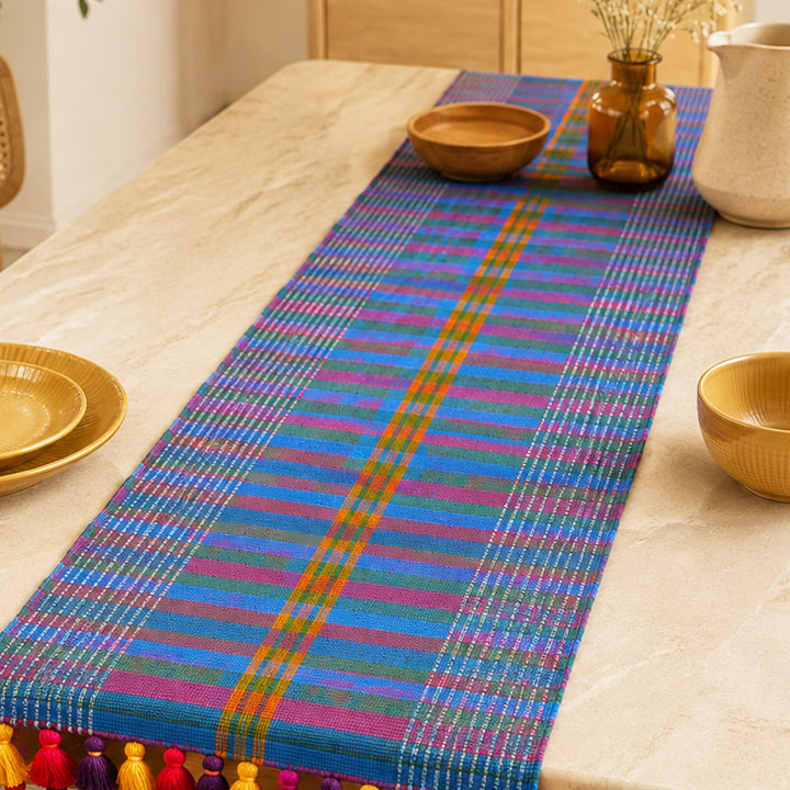 Hand Embroidered Cotton Gamcha Multicolour Table Runner For Festive Dining
