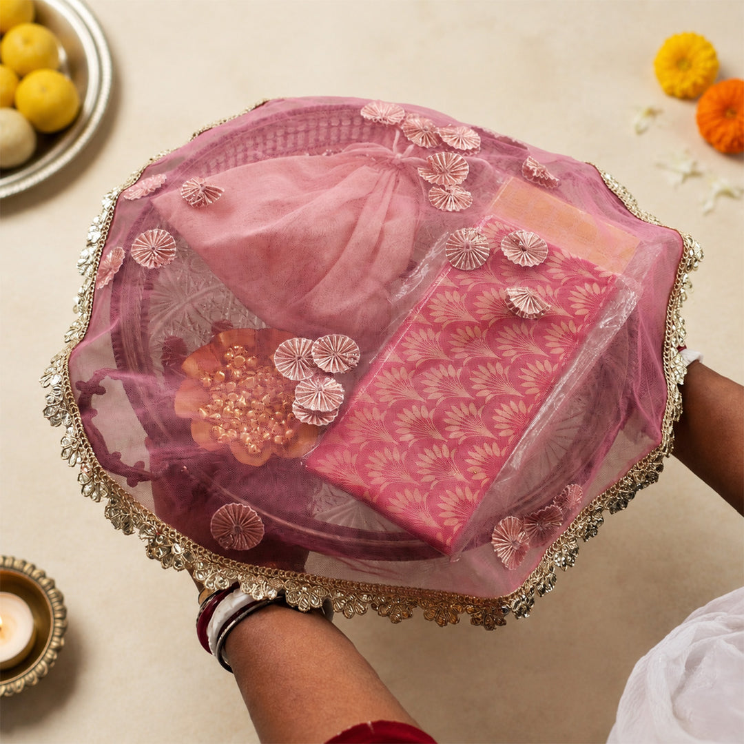 Decorative Shagun Tray Cover With Floral Gota Motifs For Festive Decor