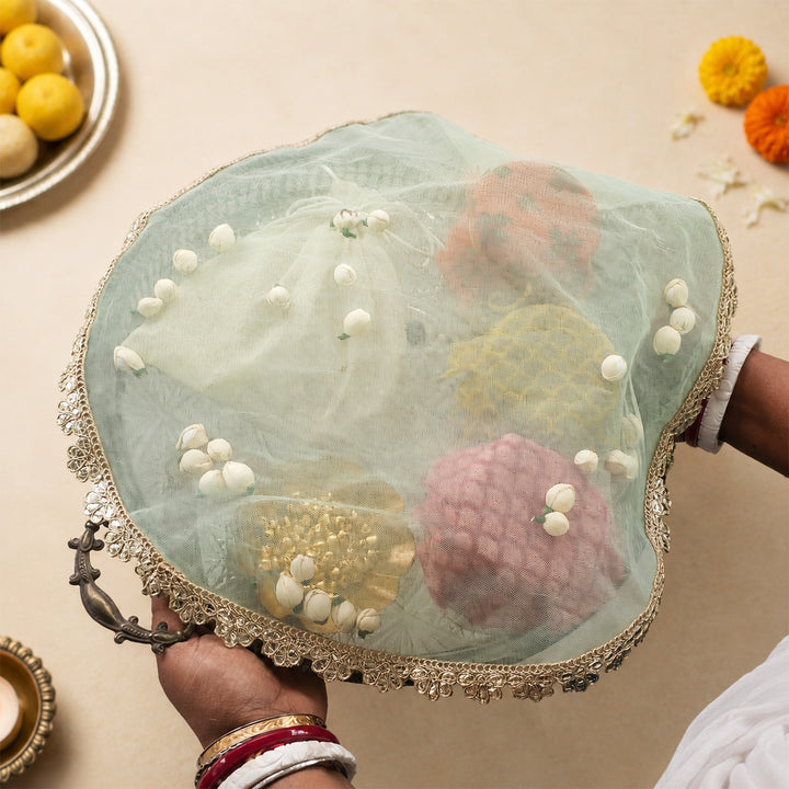 Sheer Net Thali/Tray Cover With Traditional Shola Florals For Festive Decor