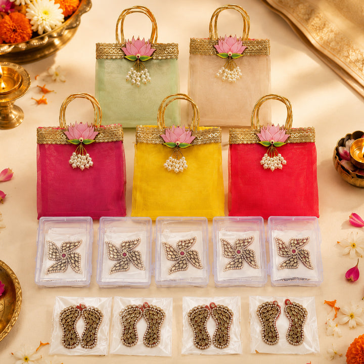 Swastik Laxmi Charan Combo Kundan Detailed Traditional Ganpati Gift Hamper With Organza Bag For Pooja Gifting