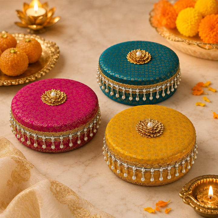 "Laddoo Box" Traditional Brocade Wrapped Steel Gift Box For Festive Gifting