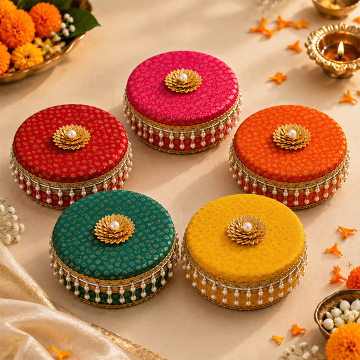 "Laddoo Box" Traditional Brocade Wrapped Steel Gift Box For Festive Gifting