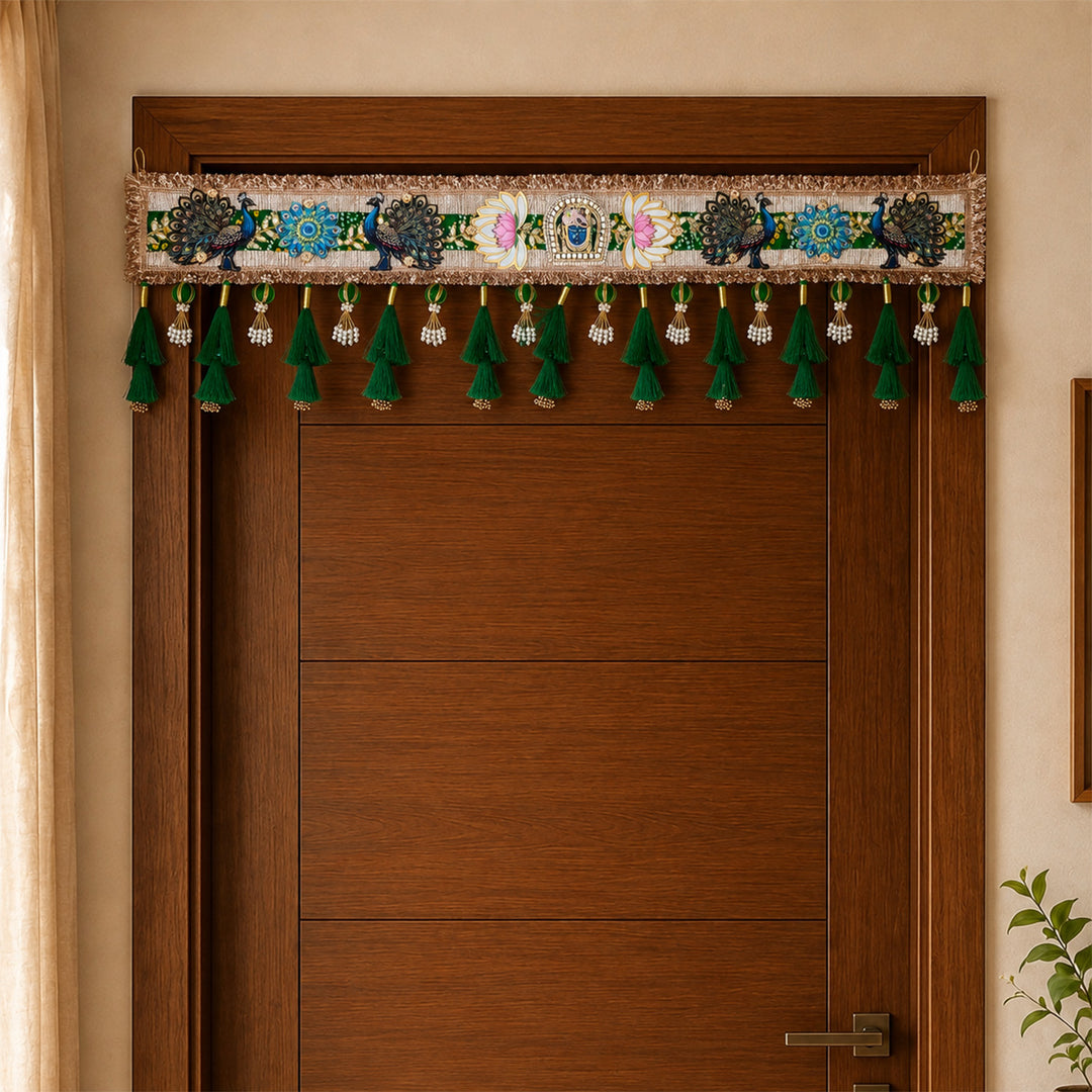 Shreenathji Pichwai Pichwai-Style Toran with Jute, Fabric And Pearl Detailing For Festive Decor