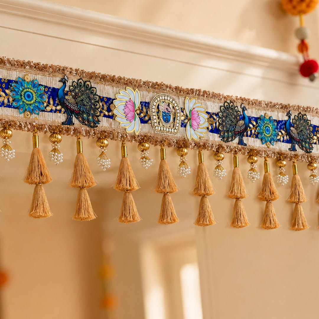 Shreenathji Pichwai Pichwai-Style Toran with Jute, Fabric And Pearl Detailing For Festive Decor