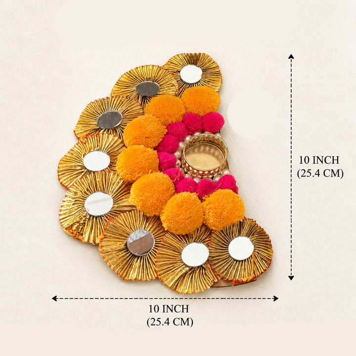 Set of 6 | Reusable Semi Circle MDF Wood Rangoli Mat With Pom Pom And Mirror Detailing For Staircase And Corner Festive Decor