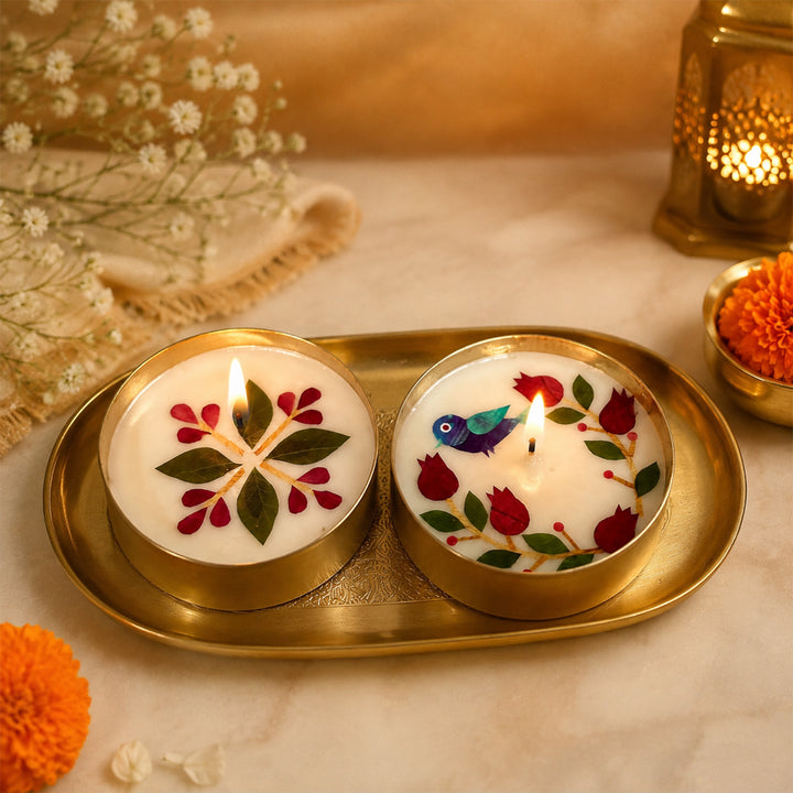 Set of 2 | Handmade Soy Wax & Pressed Flower Diyas/Candles With Elegant Brass Tray For Festive Gifting