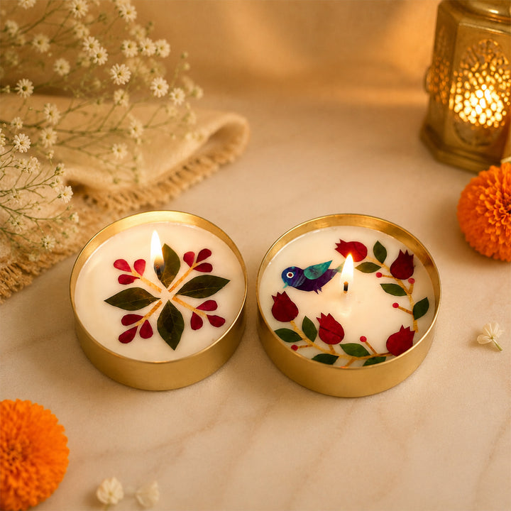 Set of 2 | Handmade Soy Wax & Pressed Flower Diyas/Candles With Elegant Brass Tray For Festive Gifting