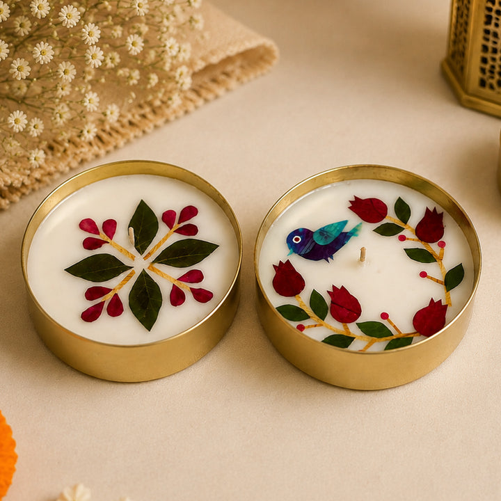 Set of 2 | Handmade Soy Wax & Pressed Flower Diyas/Candles With Elegant Brass Tray For Festive Gifting