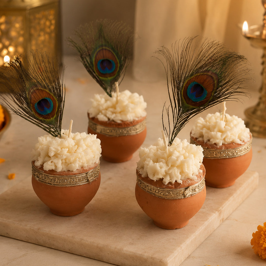 Set of 4 | Handmade Makhan Wax Scented Candles With Morpankh Detailing