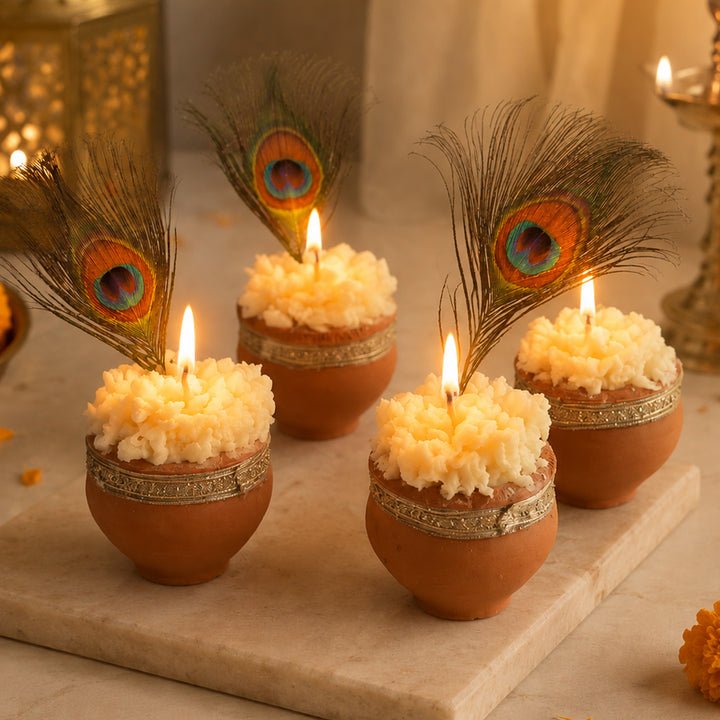 Set of 4 | Handmade Makhan Wax Scented Candles With Morpankh Detailing