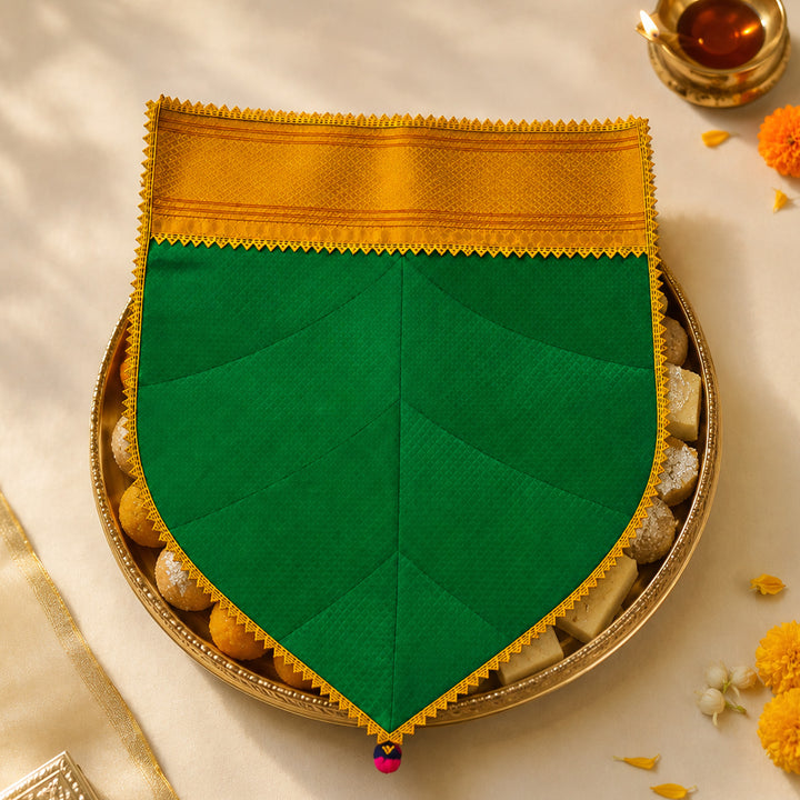 Silk Satin Naivedya Paan With Border Detail | Festive Prasad/Tray Cover