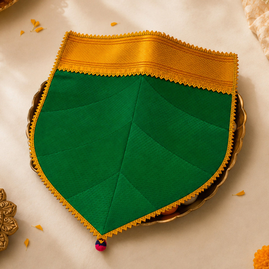 Silk Satin Naivedya Paan With Border Detail | Festive Prasad/Tray Cover