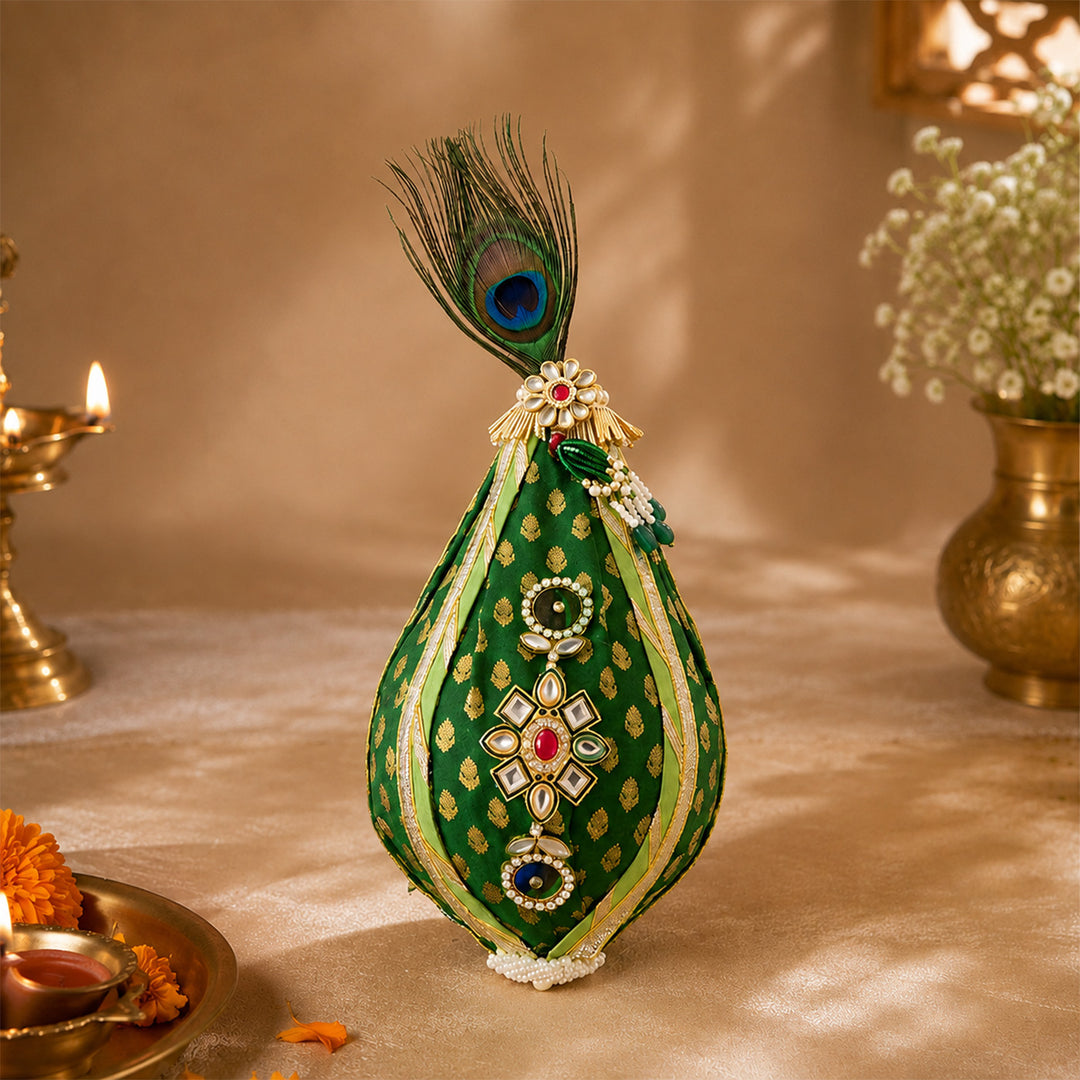 Brocade Morpankh Decorated Nariyal Shrifal/Coconut With Kundan Detailing For Festive Gifting