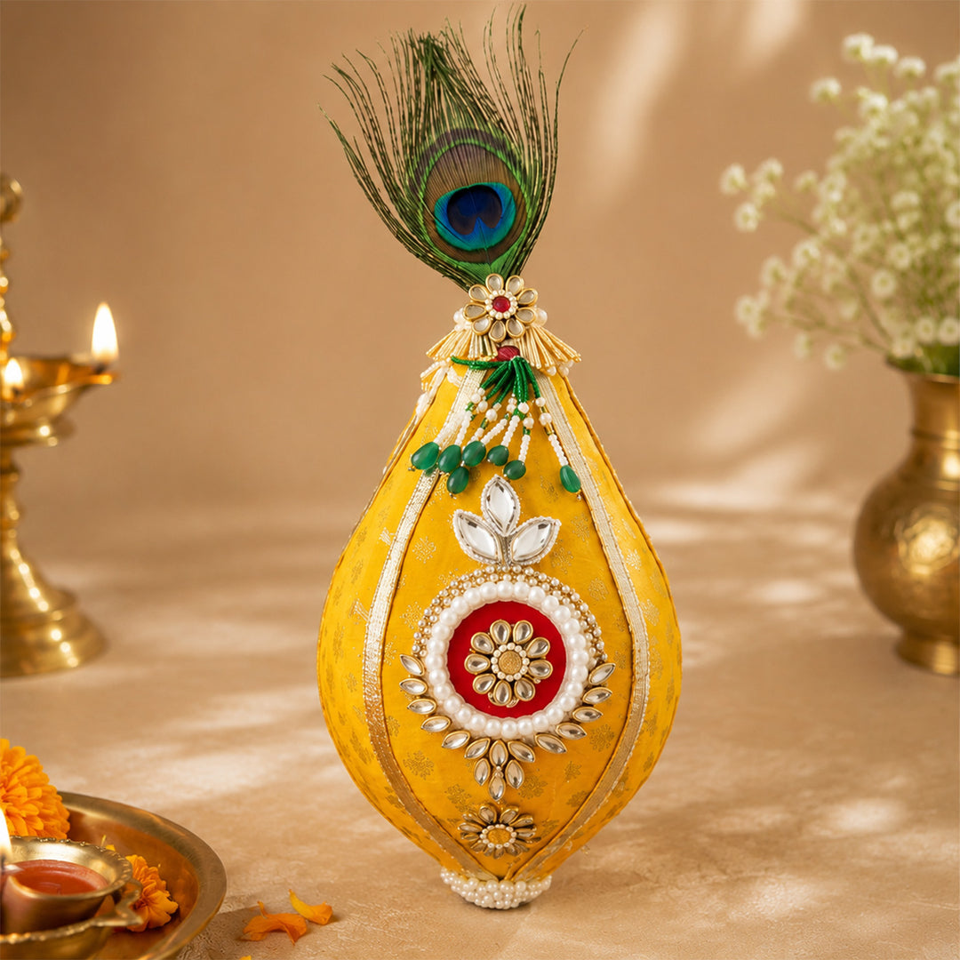 Brocade Morpankh Decorated Nariyal Shrifal/Coconut With Kundan Detailing For Festive Gifting