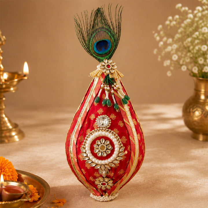 Brocade Morpankh Decorated Nariyal Shrifal/Coconut With Kundan Detailing For Festive Gifting